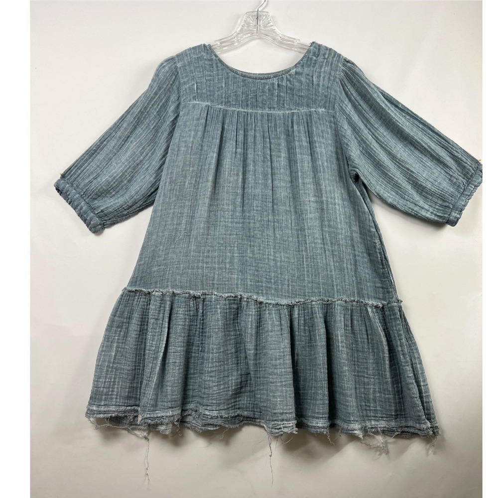 Natural Life Gauze Fade Dress Womens L Blue Tiered Ruffle Raw Hem Boho Pockets